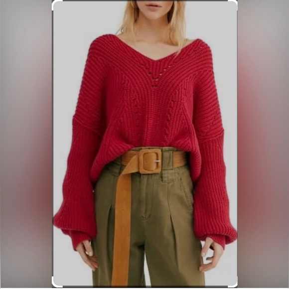 Free People All Day Long Red Chunky Knit V Neck Slouchy Women’s Sweater Cable - Picture 11 of 11